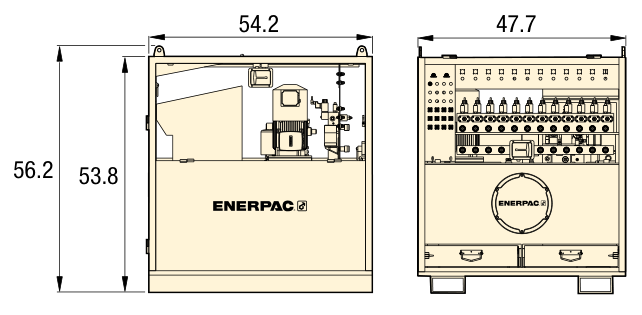 Manufacturer dimensional drawing: side width 54.2 inches, front width 47.7 inches, overall height 56.2 inches and body height 53.8 inches